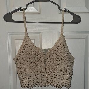 NEW Rebellion Again Beige Crochet Cropped Tank Top
